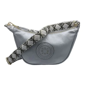 bolso media luna jacinta de piel – plomo + gris y plata