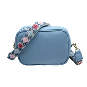 bolso bandolera ramona de piel – azul cielo + azul y 2 tonos de rosa